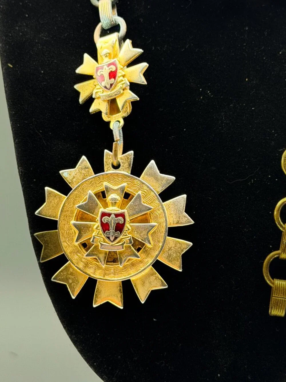 Antique Heraldic Sunburst Medallion Necklace Enamel Fleur-de-Lis Brass Maltese